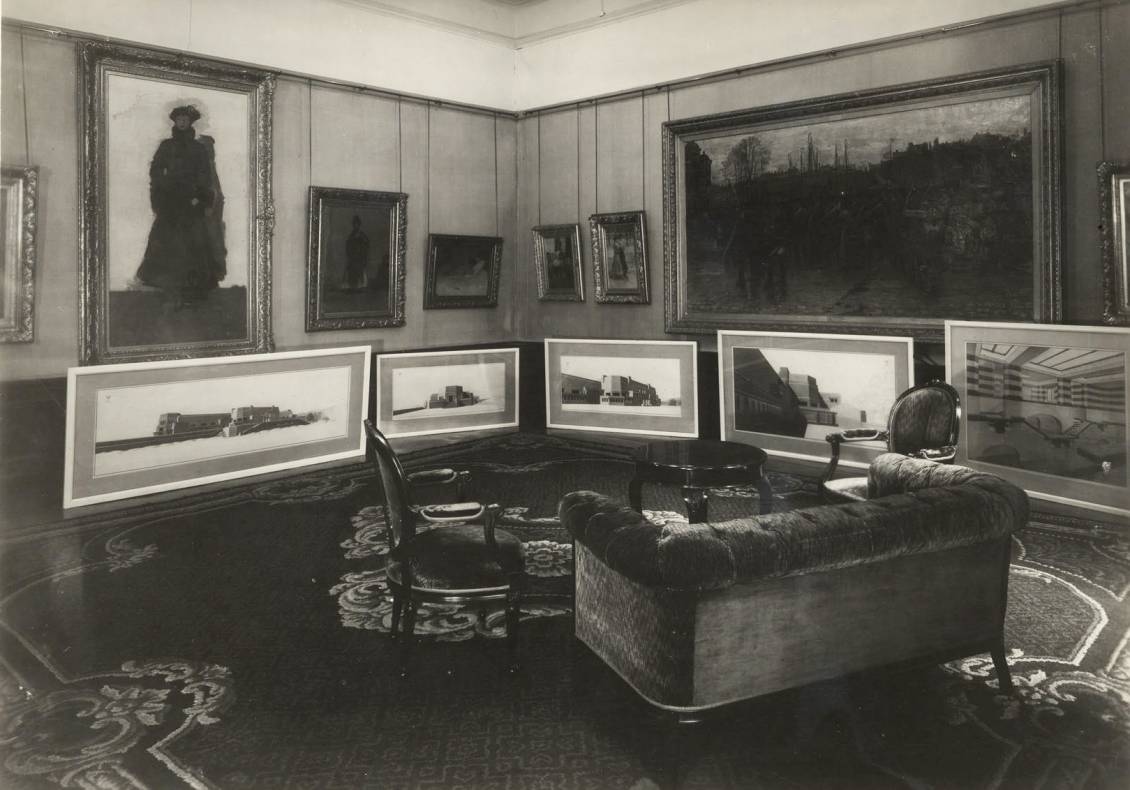 Tekeningen van het 'Groote Museum' door Henry van de Velde, getoond in een kamer van Lange Voorhout nr. 1.