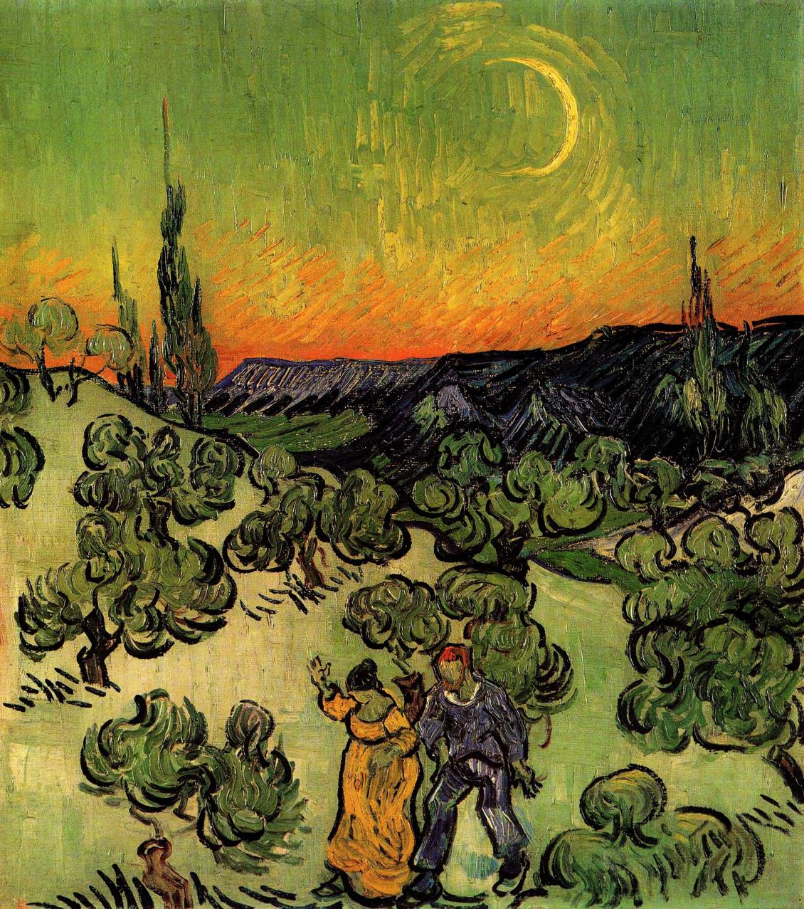 Vincent van Gogh, Landscape with couple walking and crescent moon, 1890  Courtesy Museu de Arte, São Paulo Brazilië