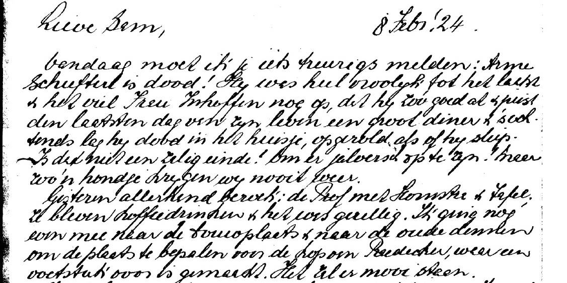 Detail uit brief van Helene aan Sam over de plaatsing Koperen Kop van Rädecker, 8 februari 1924