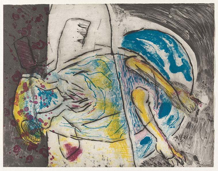 print op papier in kleur met een mensachtig figuur in grove kleurrijke vlakken