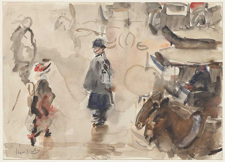 aquarel in kleur van Isaac Israels van een straattafereel in de regen, met een politieman in uniform (zgn Engelse 'bobby'), paarden en ander verkeer