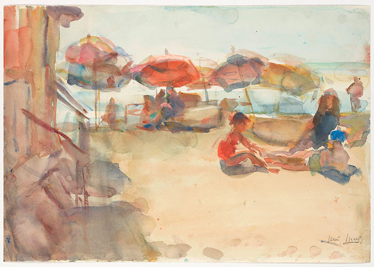 aquarel in kleur van Isaac Israels  met twee badende figuren op het strand met parasol