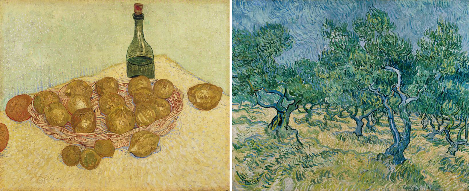 Vincent van Goghs Mand met citroenen en fles en Olijfgaard