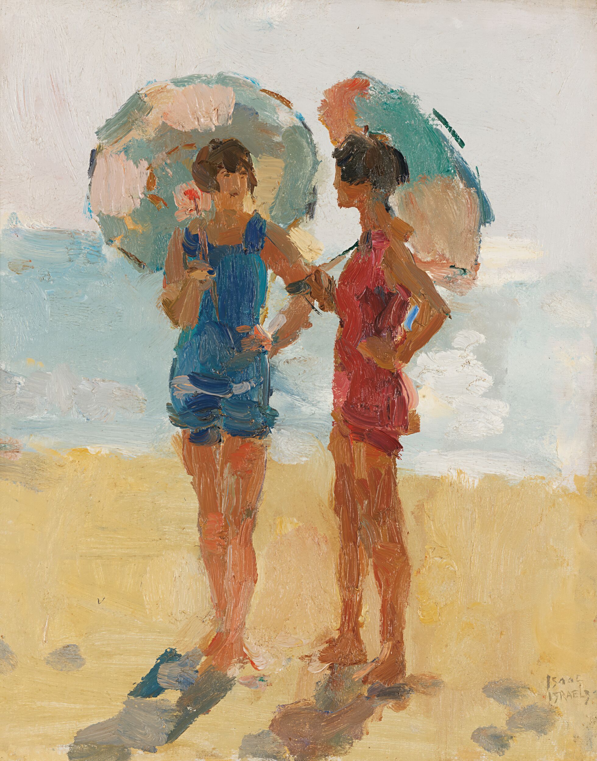 Schilderij van twee personen op het strand, beide personen houden een parasol in de hand