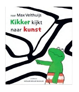boekomslag Kikker kijkt naar kunst, groene kikker tegen een zwart witte achtergrond