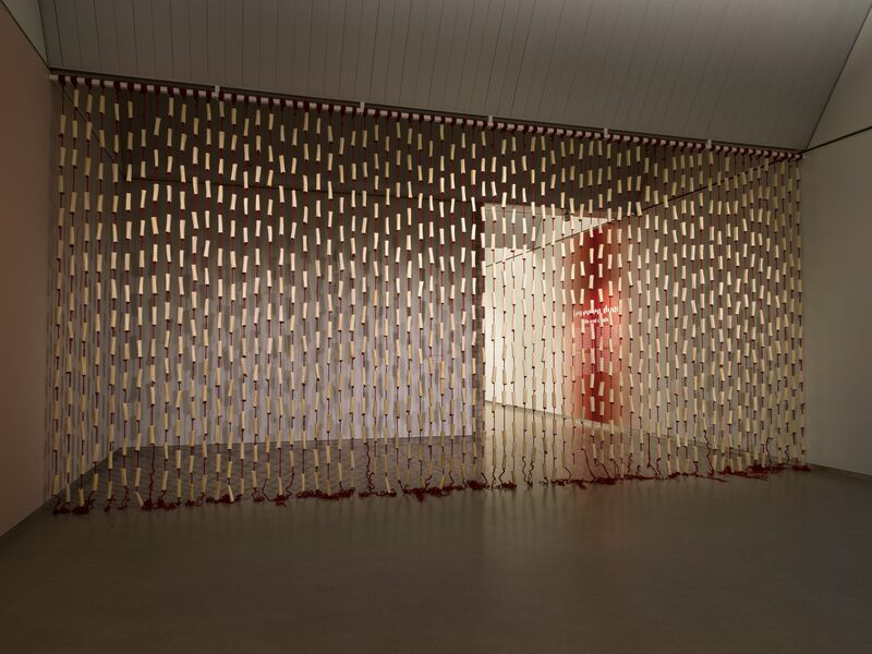 'Bone Curtain' van Marina Abramović / Ula, een gordijn met rood touw en runderbotten, te zien in Open einde