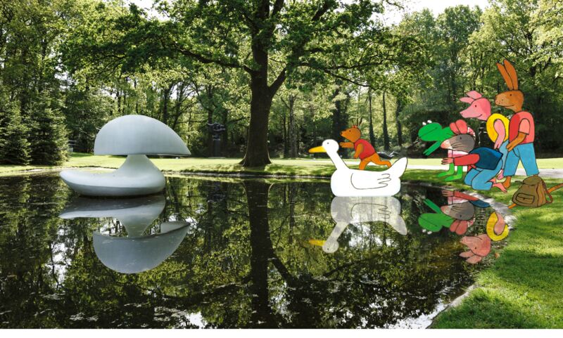 Kikker en zijn vriendjes in de beeldentuin, bij 'Sculpture flottante, Otterlo' van Marta Pan